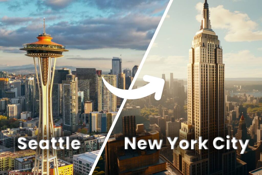 "Seattle vs NYC Cost of Living" main image with 2 cities