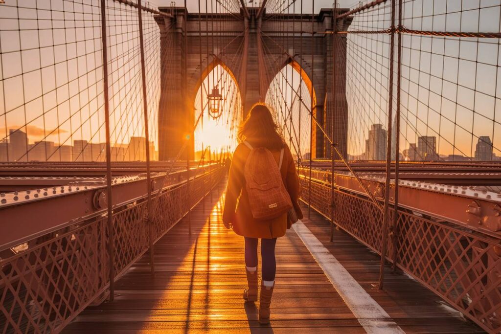 Things to do alone in NYC hero image - Woman on Brooklyn bridge