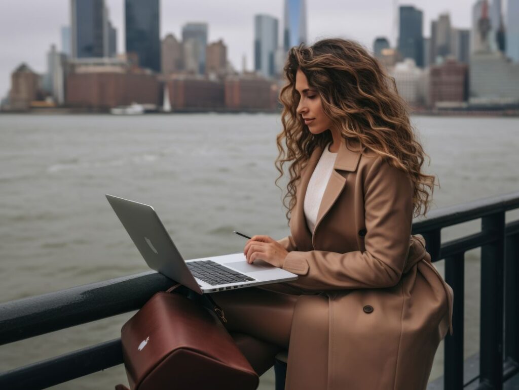 Woman working remotely in NYC (Hudson river)