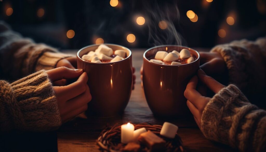 A couple drinking hot chocolate with marshmallow