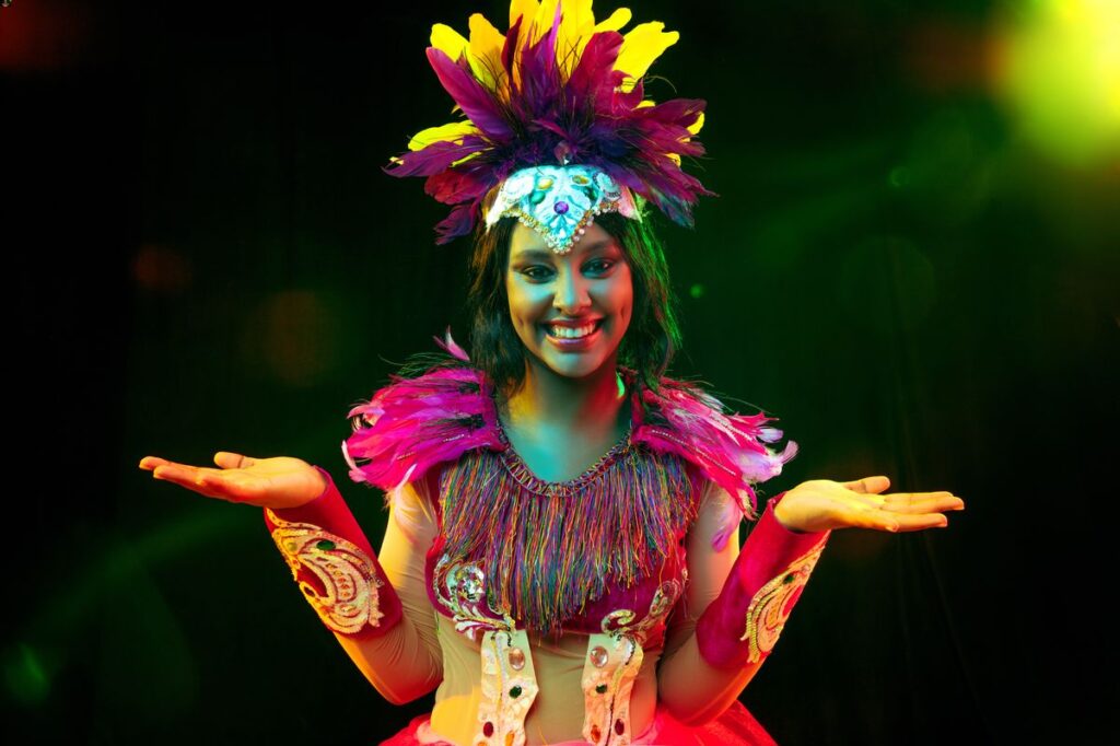 A girl in colorful dress on a Broadway Show