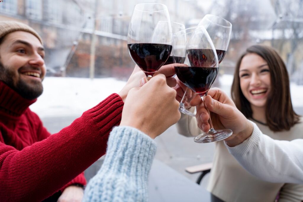 People drinking wine in winter in NYC