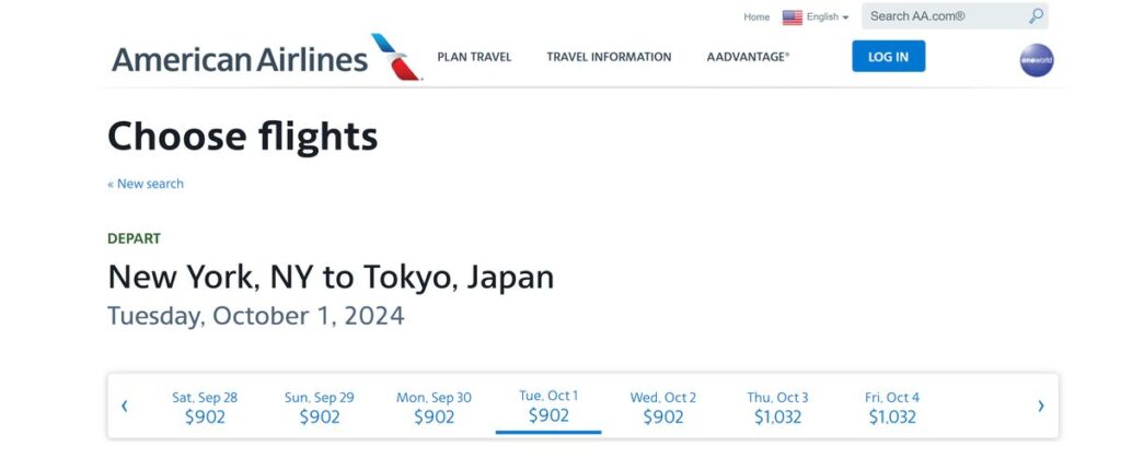 Screenshot from American Airlines (from New York to Japan)