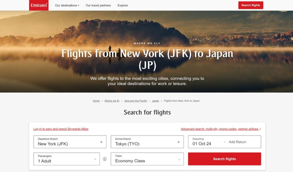 Screenshot from Emirates (flights from NY (JFK) to Japan, deals section)