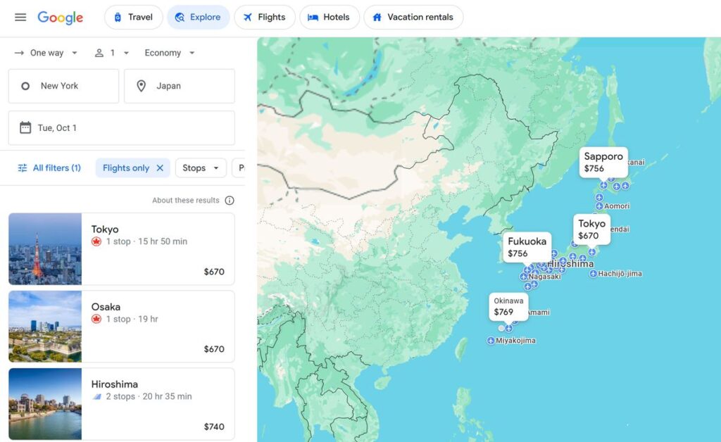 Screenshot from Google (flights from NY to Japan)