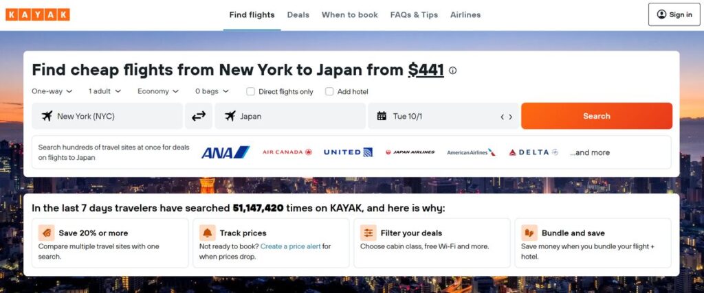 Screenshot from Kayak (flights from NY to Japan)