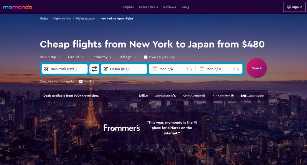 Screenshot from Momondo (flights from NY to Japan)