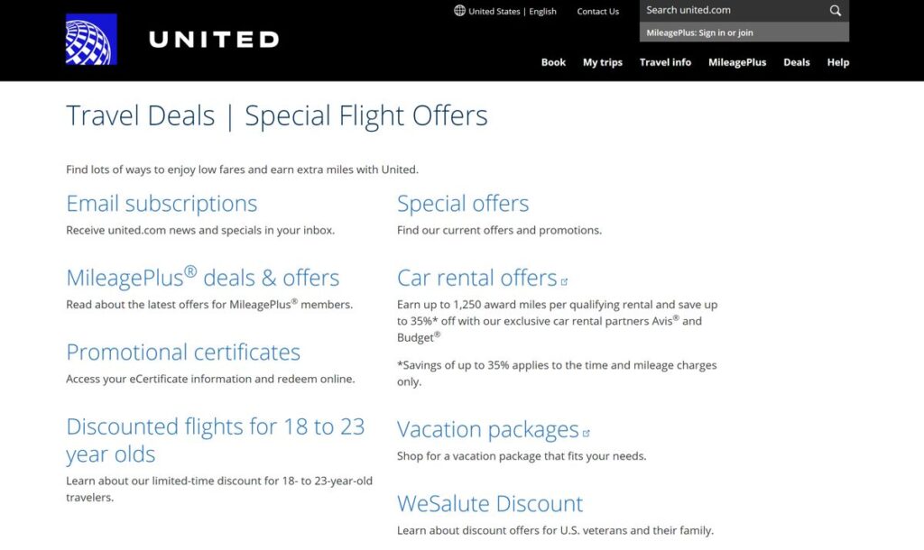 Screenshot from United Airlines (flights from NY to Japan, deals section)