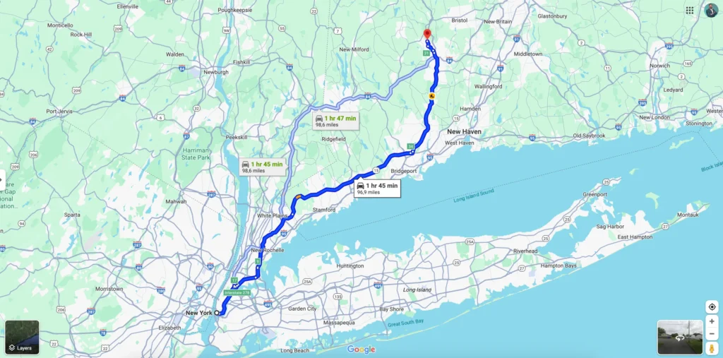 Google Map, showing how far is Connecticut from New York