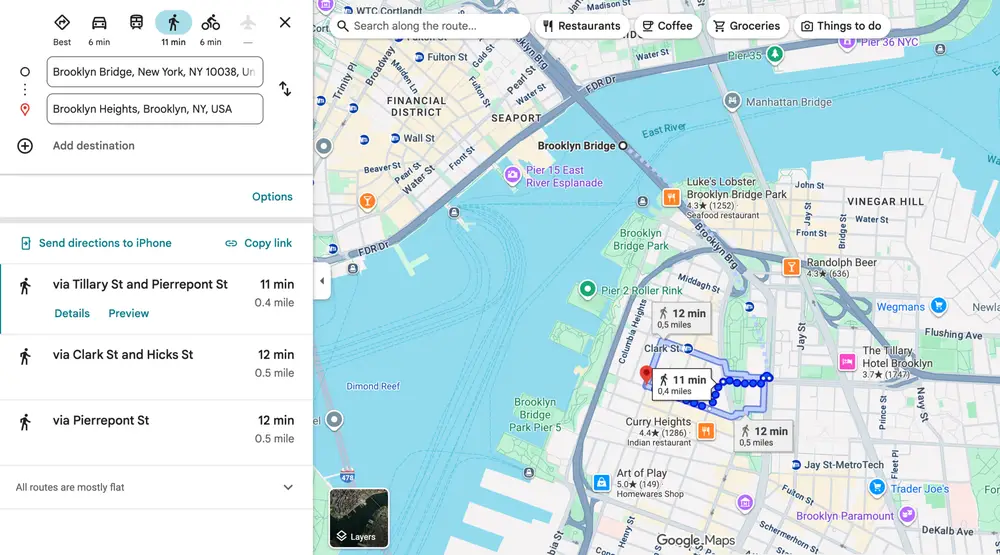 Google map showing distance by walk from Brooklyn bridge to Brooklyn heights
