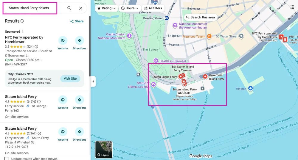 Map showing Staten Island ferry ticket spots
